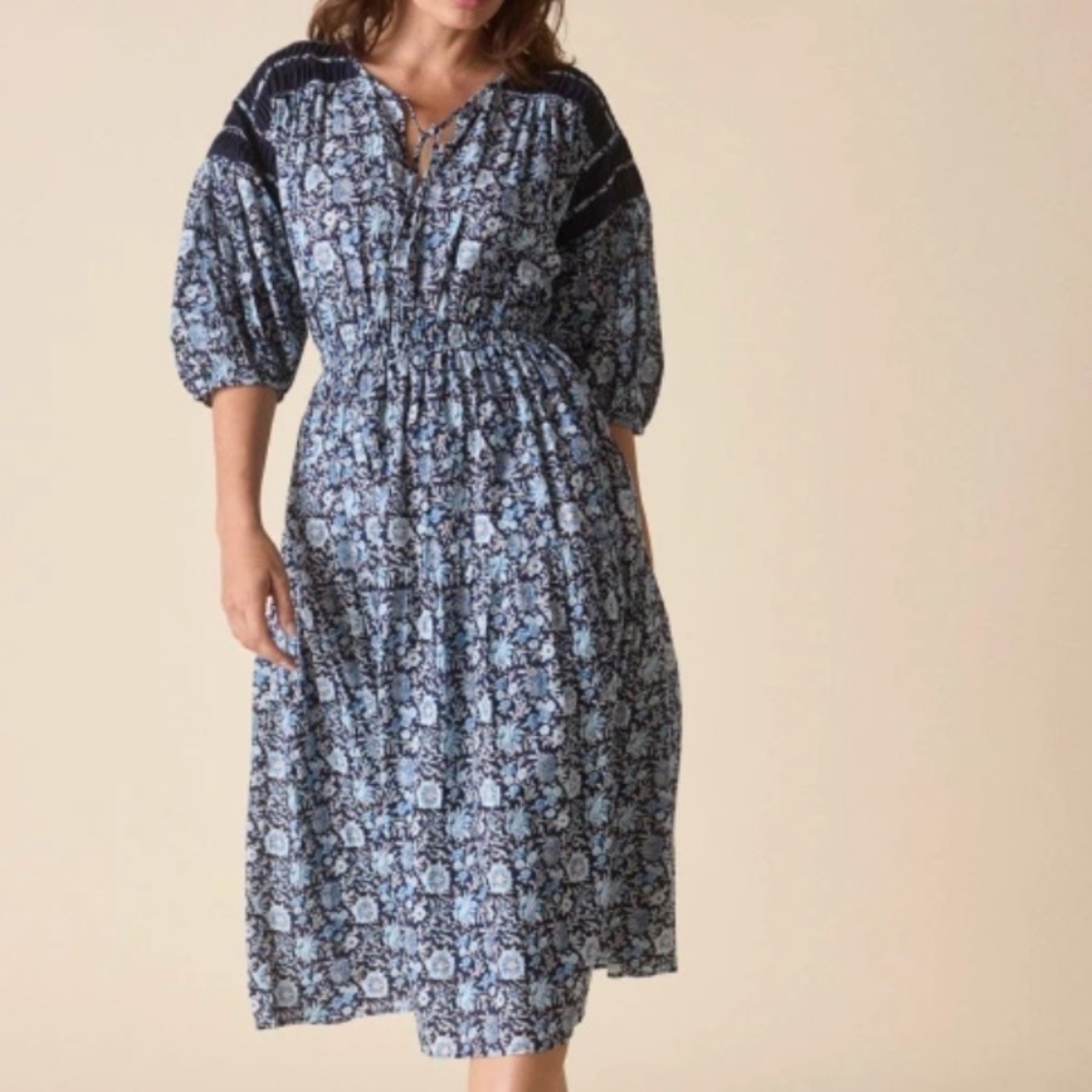 St.Roche Navy Floral HYPERION Midi DRESS Handloom Organic Cotton Size US 2